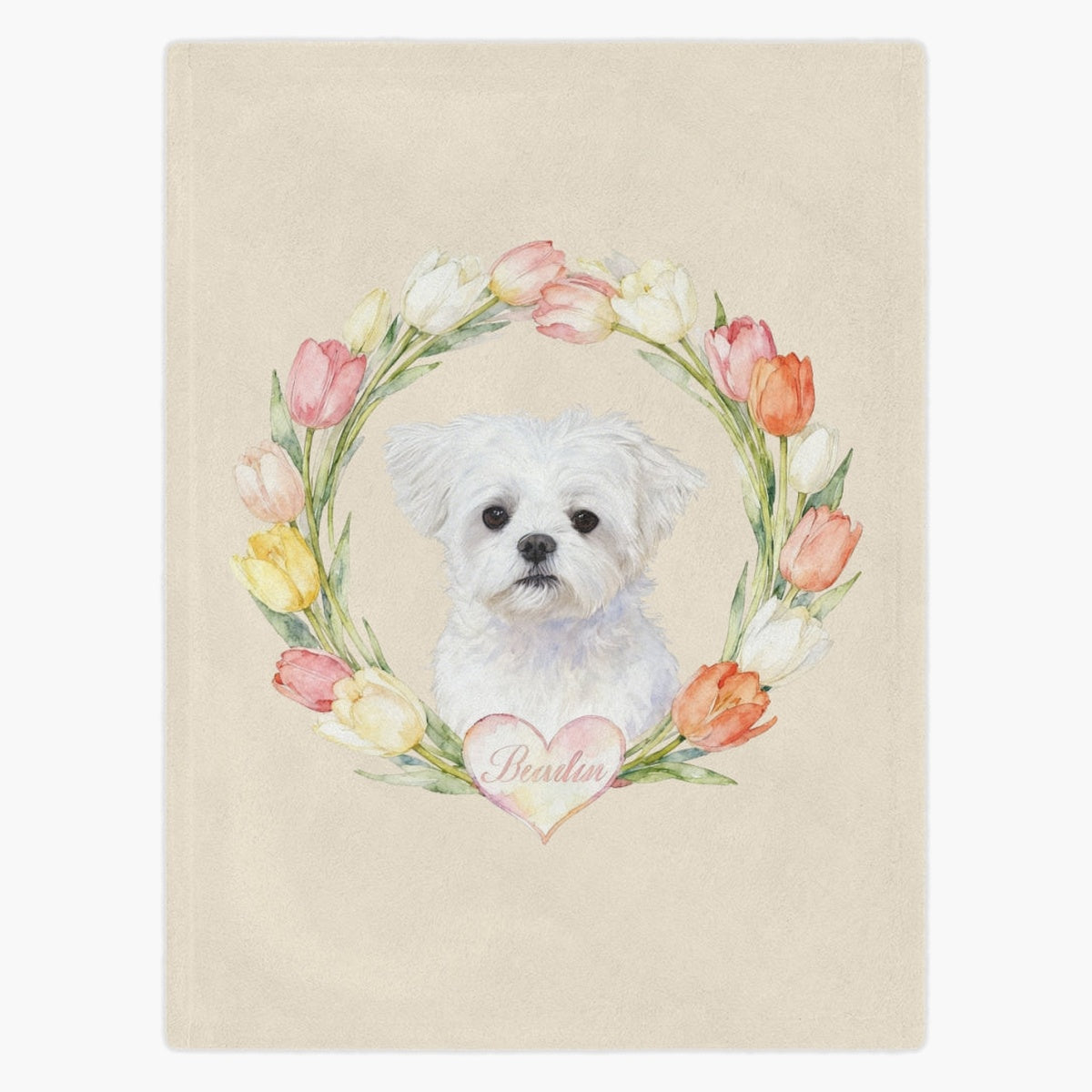 Cream fleece blanket printed with a small white Maltese framed by a ring of watercolor tulips, the pet's name in a pink heart below.