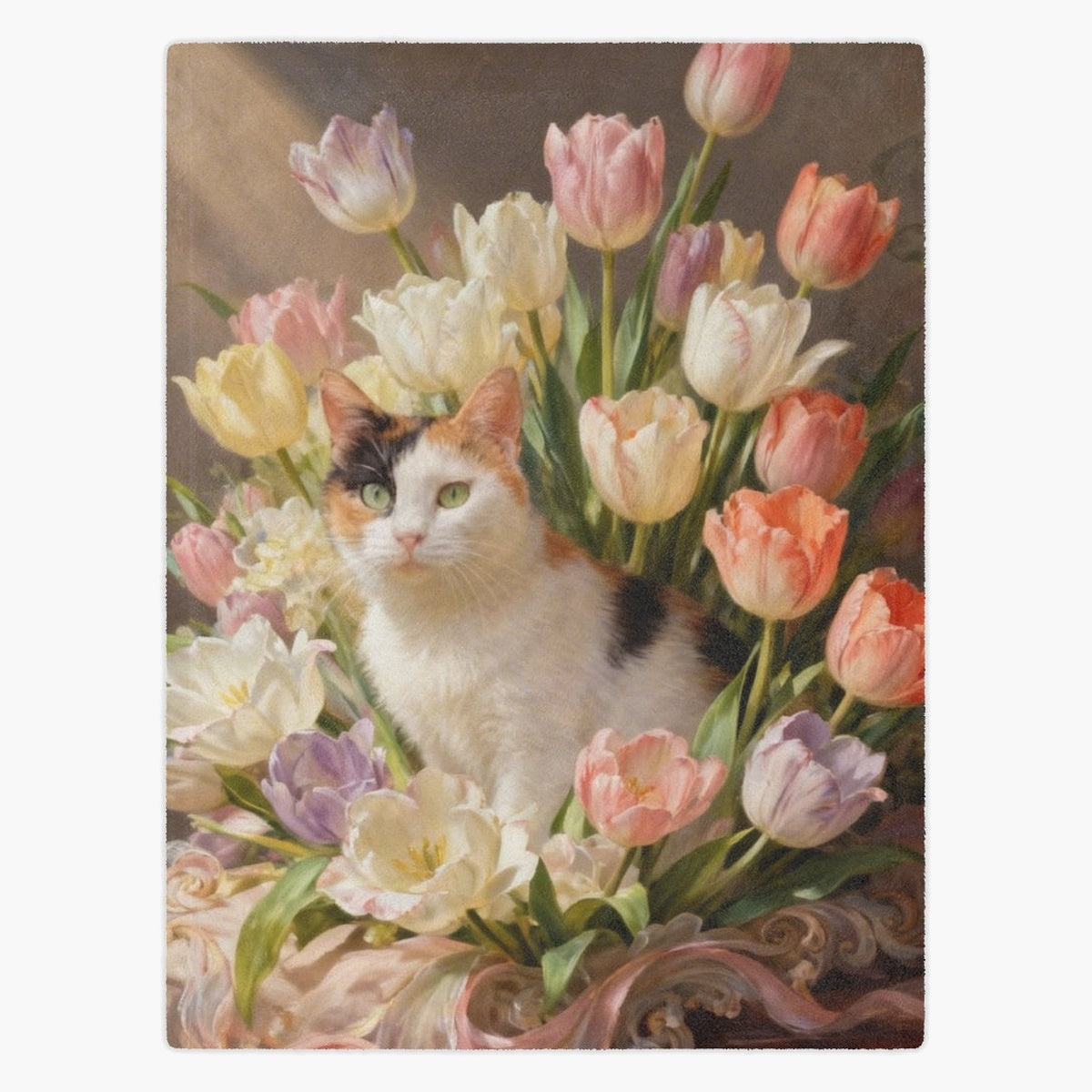 Fleece blanket printed with an old-master painting of a calico cat sitting in a bouquet of pastel tulips.