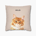 Watercolor portrait of a long-haired ginger cat on a dusty pink 18-inch throw pillow, with the name "MILO" printed above in black capitals.