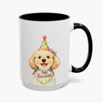 Watercolor cream doodle in a rainbow party hat on the taller 15 oz mug with a black handle, the name Kankan on its bandana.