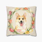 Watercolor Pembroke Welsh corgi grinning inside a ring of tulips on a cream throw pillow, with the pet's name in script on a pink heart.
