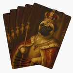 Five cards fanned face down, each back a painted portrait of a pug as a crowned king in a red and gold robe with pearls, holding a scepter.