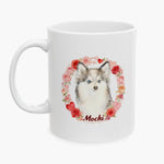 Fluffy husky-type puppy inside a wreath of roses and hearts on the 11 oz white mug, with the name Mochi in dark red script below.