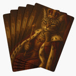 Five cards fanned face down, each back a painted portrait of a tabby cat as a crowned king in ermine-trimmed red robes, holding a scepter.
