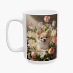 Oil-painting style print of a long-haired chihuahua in a bouquet of pastel tulips, wrapped around the larger white mug.