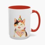 Watercolor calico cat in a party hat and pearl necklace on the taller 15 oz mug with a red handle, the name Chispa on its bandana.