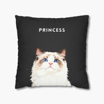 Watercolor portrait of a blue-eyed ragdoll cat gazing upward on a charcoal gray throw pillow, with the name "PRINCESS" above in white.
