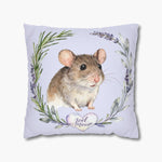 Watercolor pet mouse inside a wreath of lavender and rosemary on a pale lilac throw pillow, with the name "Joel Mouse" in a heart below.
