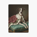 A single card back painted in old-master style: a whippet in an ermine-trimmed pink robe and jeweled collar, reclining on a teal cushion.