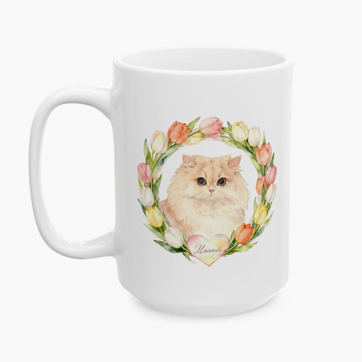 Watercolor portrait of the cream Persian cat in a pastel tulip wreath, printed on the taller 15 oz white mug and seen from the front.
