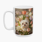Oil-painting style print of a fluffy white dog among pastel tulips and a cream peony, wrapped around the taller 15 oz white mug.