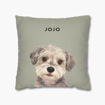 Watercolor portrait of a scruffy gray and cream terrier mix on a sage green throw pillow, with the name "JOJO" above in black capitals.