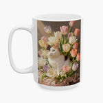 Oil-painting style print of a calico cat sitting among pastel tulips, wrapped around the larger white mug.