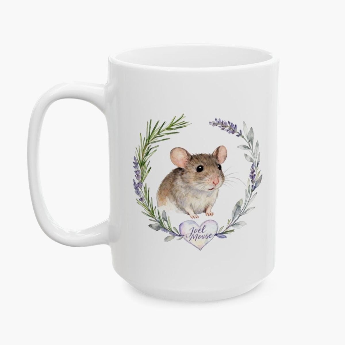 Watercolor portrait of a brown pet mouse in a rosemary and lavender wreath on the taller 15 oz white mug, with its name on a heart below.