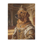 Fleece blanket printed with a golden retriever as royalty in a jeweled crown, pearls and gold ermine gown, standing in a palace hall.
