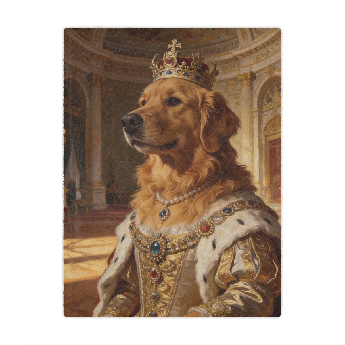 Fleece blanket printed with a golden retriever as royalty in a jeweled crown, pearls and gold ermine gown, standing in a palace hall.