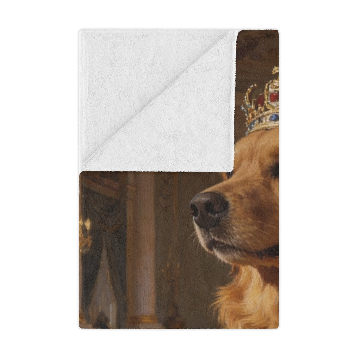 Folded corner of the blanket showing its plain white fleece backing, with the crowned golden retriever portrait on the printed side.