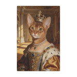 Fleece blanket printed with a ginger Abyssinian cat as royalty in a jeweled crown, pearl necklace and gold gown inside a sunlit palace hall.