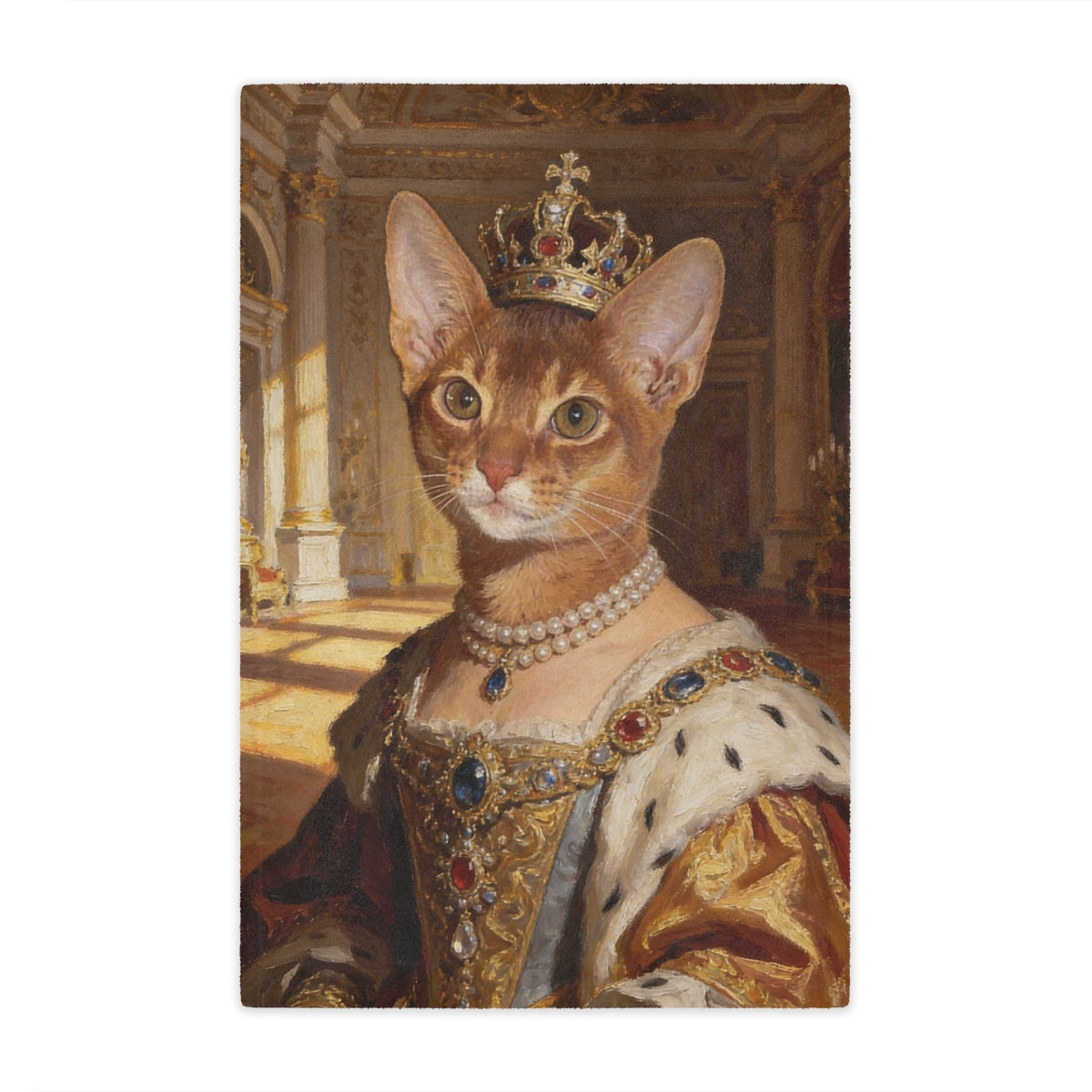 Fleece blanket printed with a ginger Abyssinian cat as royalty in a jeweled crown, pearl necklace and gold gown inside a sunlit palace hall.