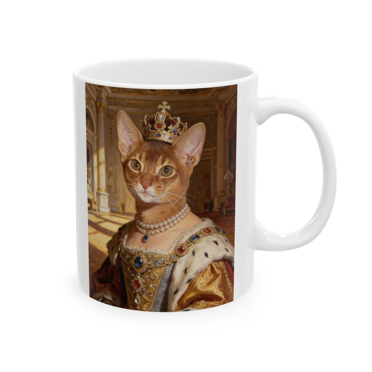 Ginger cat queen in a jeweled crown, pearl choker and gold gown in a palace hall, on the opposite side of the white mug with the handle on the right.