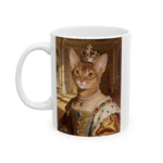 Oil painting of a ginger cat as a queen in a jeweled crown, pearl choker and gold gown, in a gilded palace hall, on a white 11 oz mug.