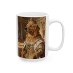 Golden retriever queen in a jeweled crown, pearl necklace and gold gown in a palace hall, on the opposite side of the taller mug, handle on the right.