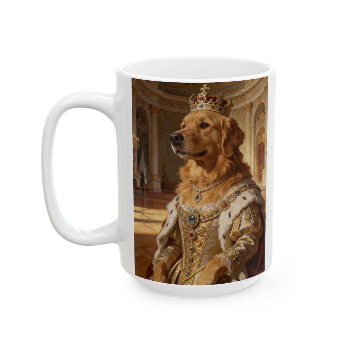 Oil painting of a golden retriever as a queen in a jeweled crown, pearl necklace and gold gown, in a gilded palace hall, on a taller white 15 oz mug.