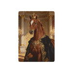 A single card back showing a chestnut horse with a white blaze, wearing a jeweled crown and black velvet cloak in a chandelier-lit hall.