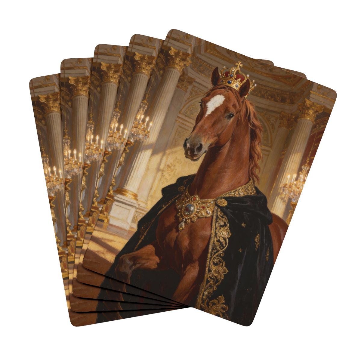 Five cards fanned face down, each back a painted portrait of a chestnut horse wearing a crown and black velvet cloak in a candlelit hall.