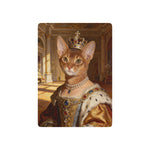 A single card back showing a ginger cat as a crowned queen in a pearl necklace and gold and ermine gown, in a sunlit palace hall.