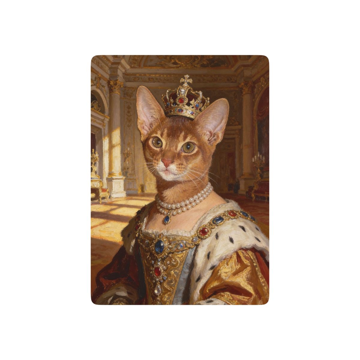A single card back showing a ginger cat as a crowned queen in a pearl necklace and gold and ermine gown, in a sunlit palace hall.