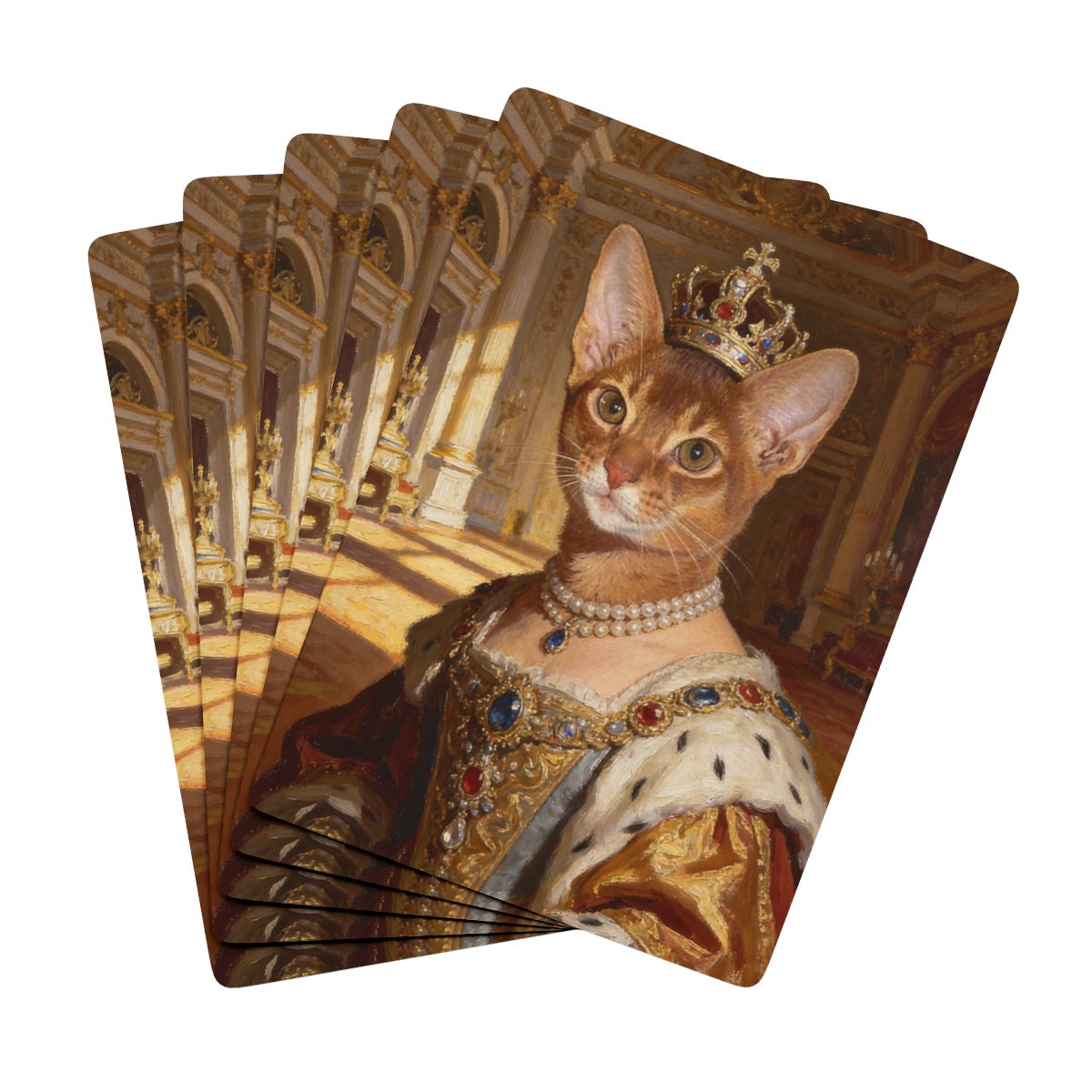 Five cards fanned face down, each back a painted portrait of a ginger cat as a crowned queen in pearls and ermine in a gilded palace hall.