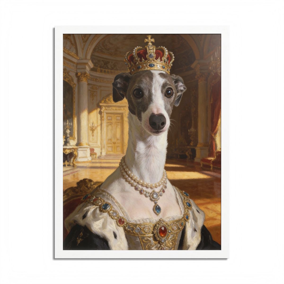 Oil-painting portrait of a gray and white whippet as a queen in a jeweled crown, pearls and a jeweled gown, in a white wood frame.