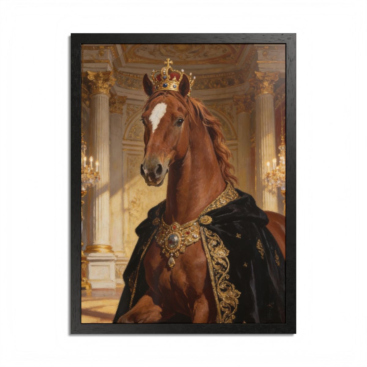 Oil-painting portrait of a chestnut horse in a jeweled crown and black velvet cape in a gilded palace hall, in a black wood frame.