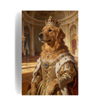 Unframed oil-painting print of a golden retriever as a queen in a jeweled crown and gold brocade gown in a palace hall.