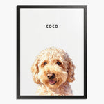 Watercolor portrait of one pet on a soft white background, framed in black wood, with the pet's name printed above.