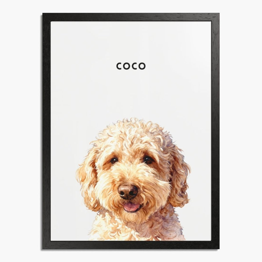 Watercolor portrait of one pet on a soft white background, framed in black wood, with the pet's name printed above.