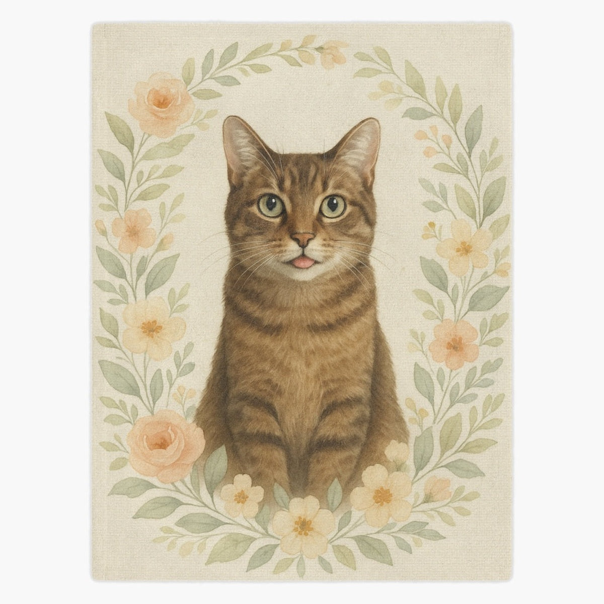 Cream fleece blanket printed with a brown tabby cat sitting inside an oval wreath of peach roses and sage green leaves.
