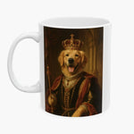 Oil painting of a golden retriever as a crowned king in a red velvet robe holding a scepter, wrapped around a white 11 oz mug.