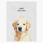 Watercolor golden retriever wearing a gold halo on a soft white fleece blanket, with "MAX" and the dates "2013-2024" printed above.