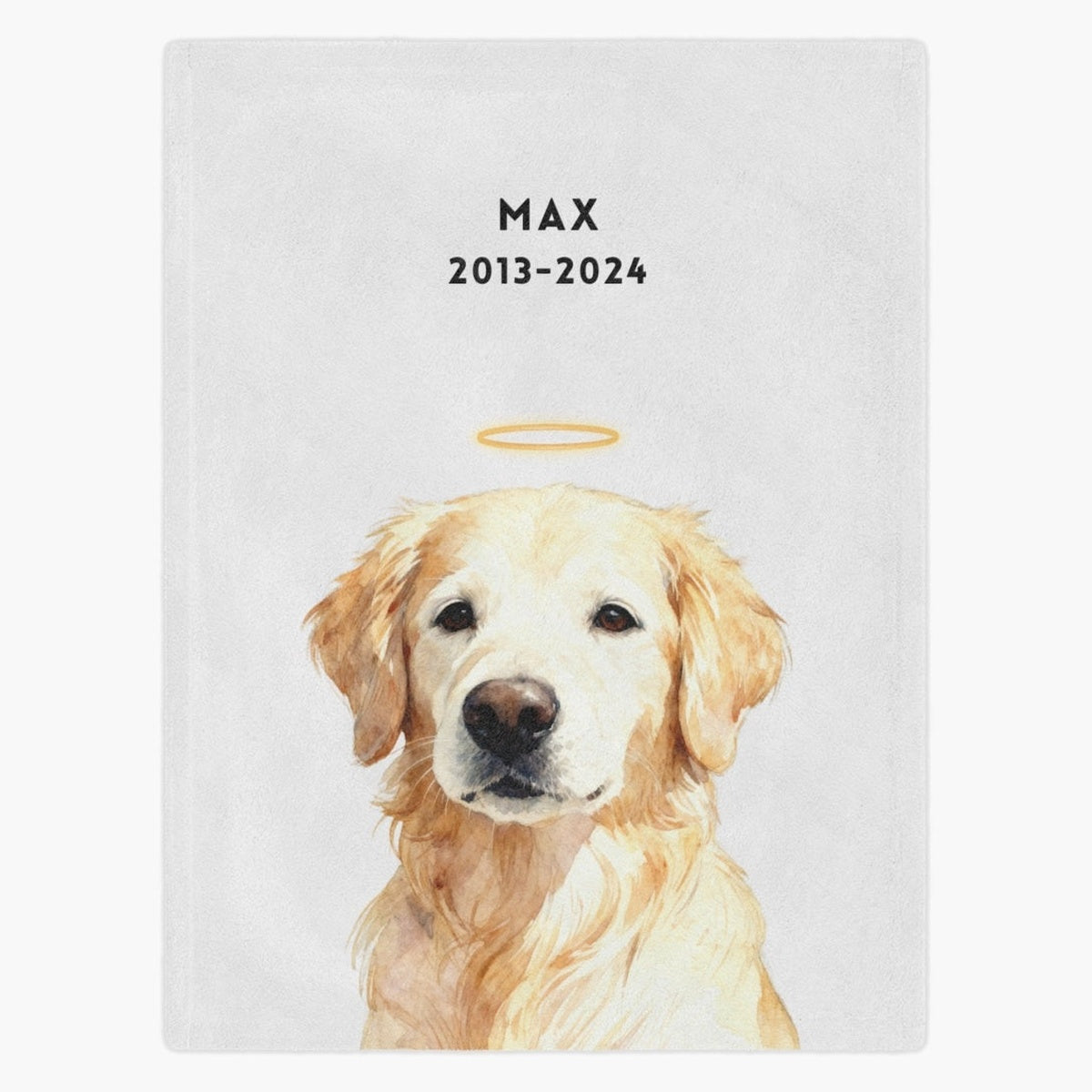 Watercolor golden retriever wearing a gold halo on a soft white fleece blanket, with "MAX" and the dates "2013-2024" printed above.