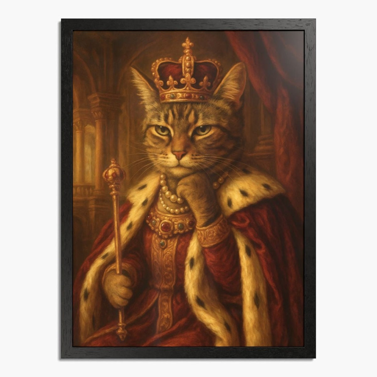 Renaissance-style painting of a tabby cat as a king in a jeweled crown, red ermine robe and gold scepter, in a black wood frame.