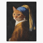 Fleece blanket printed with a ginger tabby cat painted as Girl with a Pearl Earring, in a blue and gold turban on a black background.