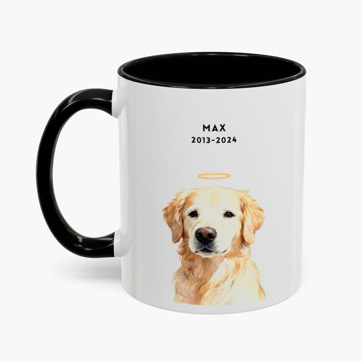 Watercolor golden retriever wearing a gold halo on a white 11 oz mug with a black handle and inner glaze, lettered "MAX" and "2013-2024".