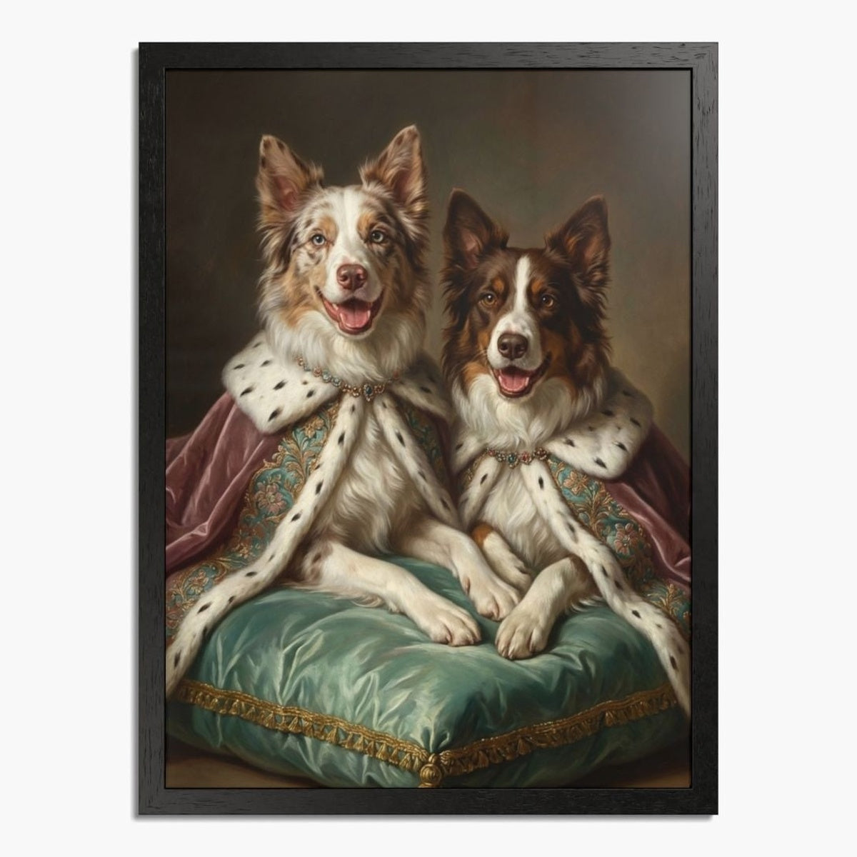 Renaissance-style oil painting of two collies in ermine robes and jeweled collars side by side on a green silk cushion, in a black frame.