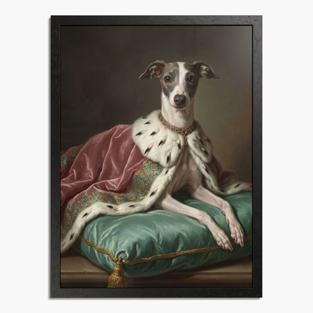 Renaissance-style oil painting of a gray-and-white whippet in an ermine robe and jeweled collar on a green silk cushion, in a black frame.