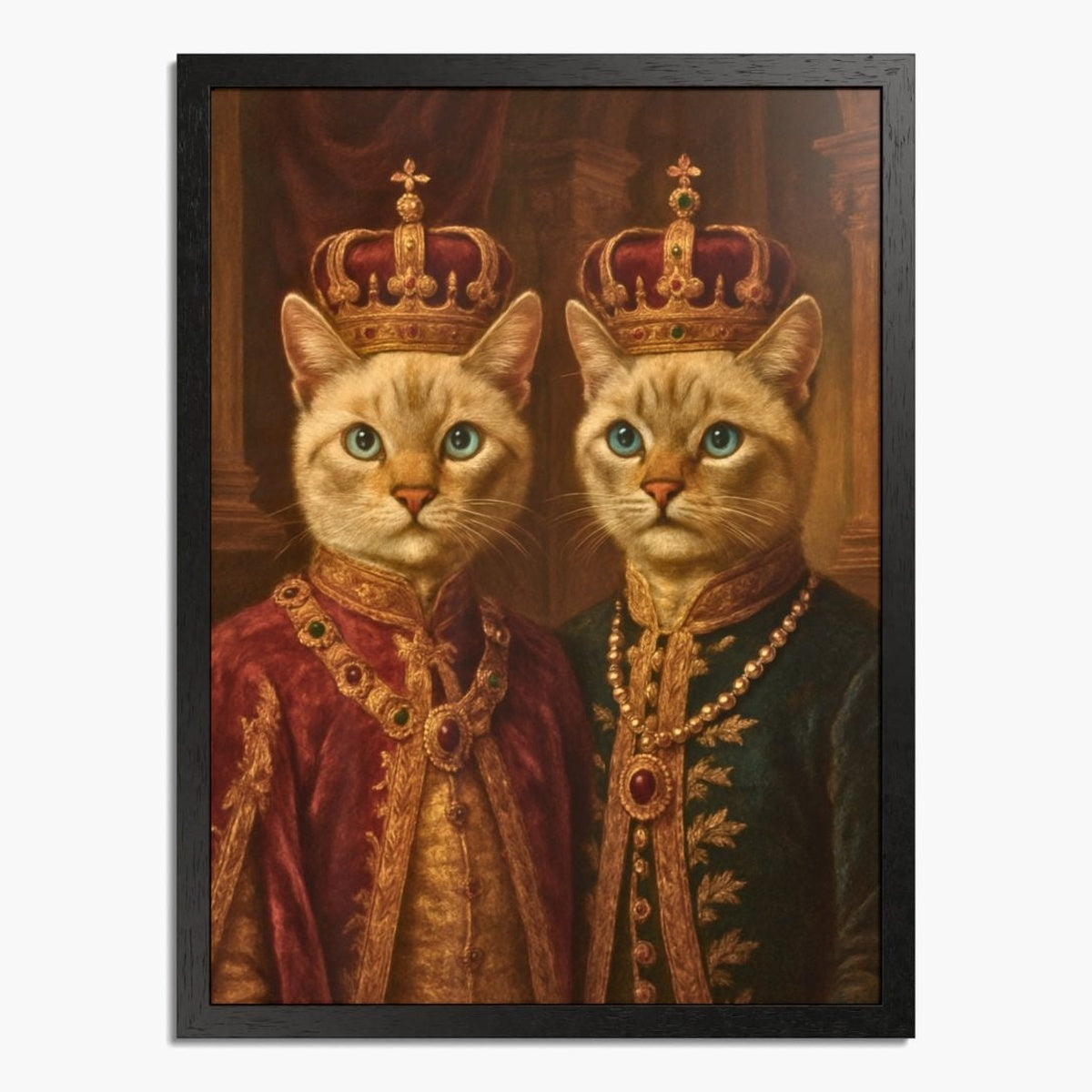 Renaissance-style painting of two cream cats in jeweled crowns and gold-embroidered court coats, in a black wood frame.