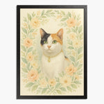 Soft watercolor portrait of a calico cat wearing a pearl necklace among peach blooms and green leaves, in a black wood frame.