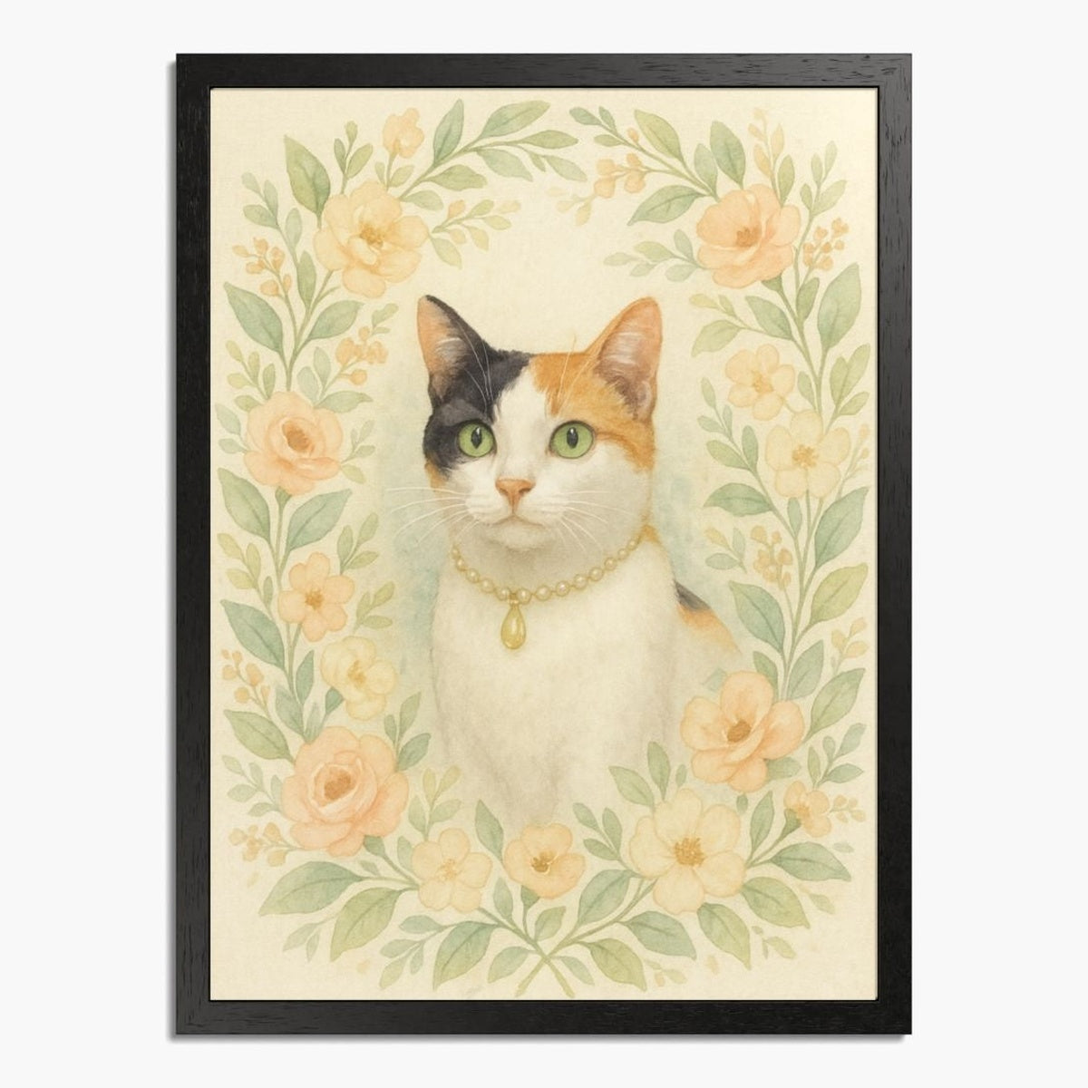 Soft watercolor portrait of a calico cat wearing a pearl necklace among peach blooms and green leaves, in a black wood frame.