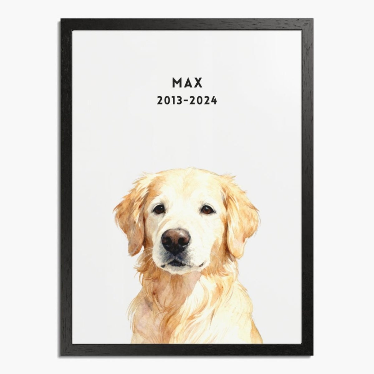 Watercolor golden retriever portrait on a soft white background in a black wood frame, with "MAX 2013-2024" printed above the dog.
